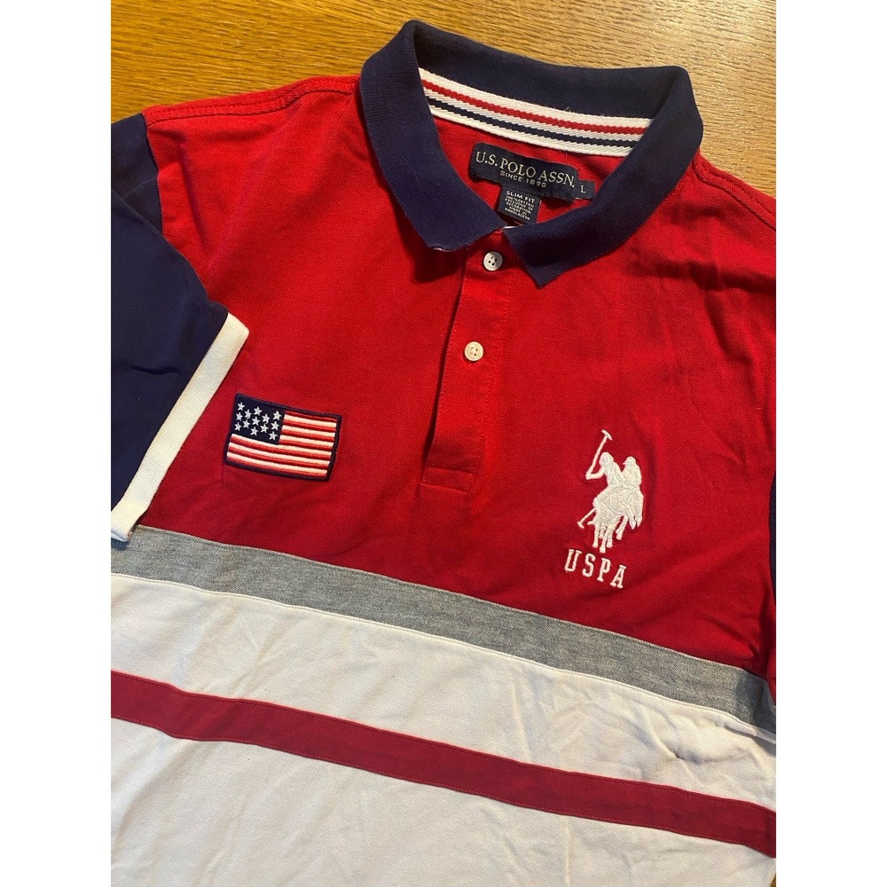 US Polo Assn Mens L Red Rugby Polo Shirt USA Flag Big Logo Embroidery Preppy